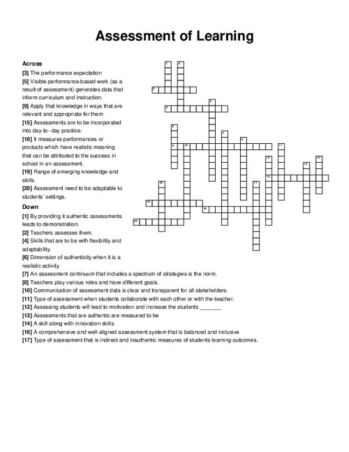 Assessment of Learning Crossword Puzzle