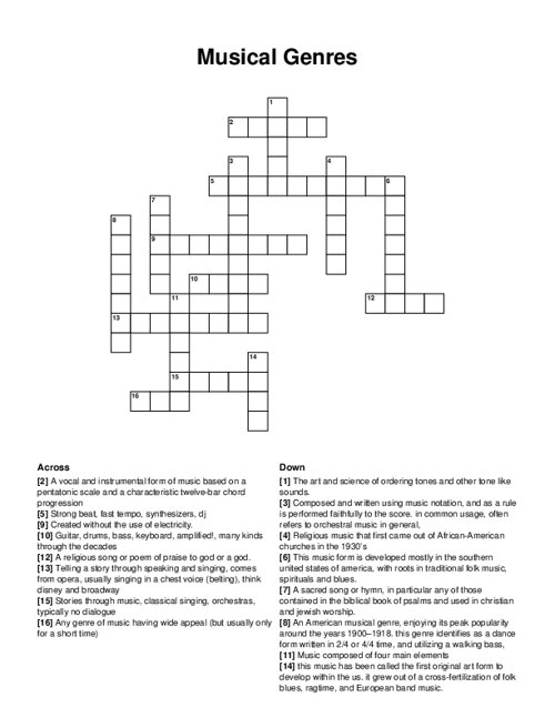Musical Genres Crossword Puzzle