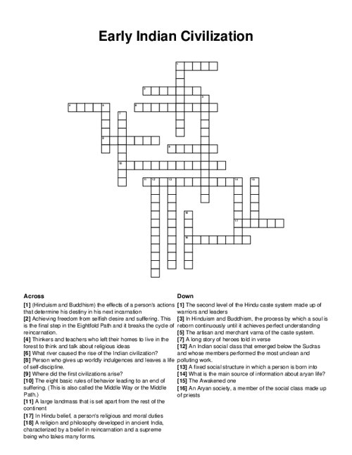 Early Indian Civilization Crossword Puzzle