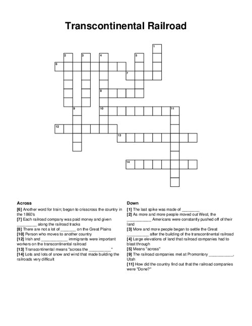 Transcontinental Railroad Crossword Puzzle