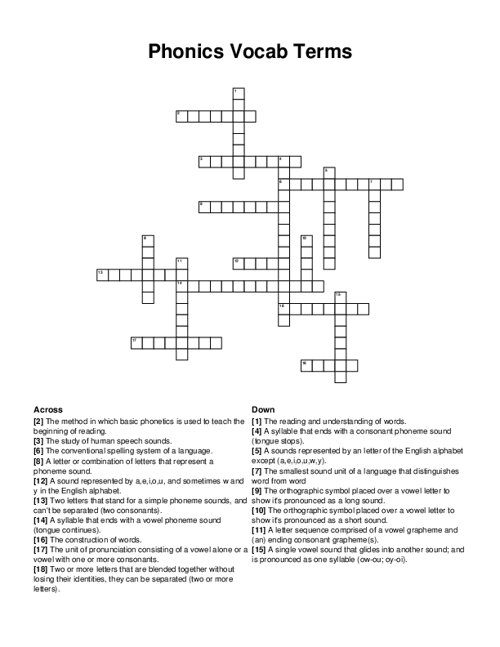 Phonics Vocab Terms Crossword Puzzle