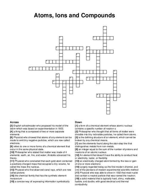 Atoms, Ions and Compounds Crossword Puzzle
