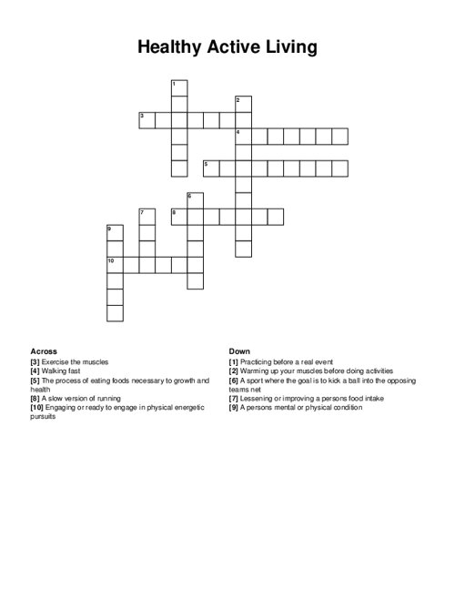Healthy Active Living Crossword Puzzle