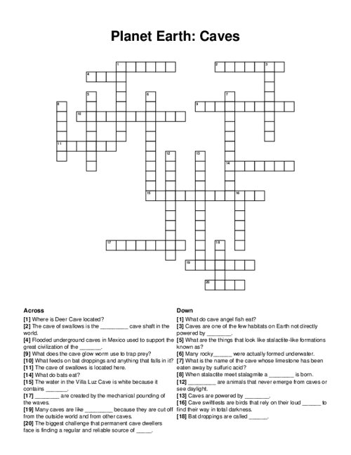 Planet Earth: Caves Crossword Puzzle