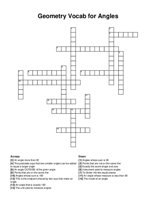 Geometry Vocab for Angles Crossword Puzzle