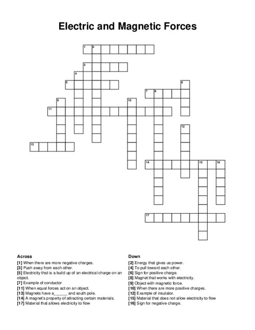 Electric and Magnetic Forces Crossword Puzzle