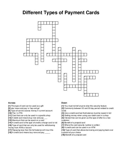 Different Types of Payment Cards Crossword Puzzle