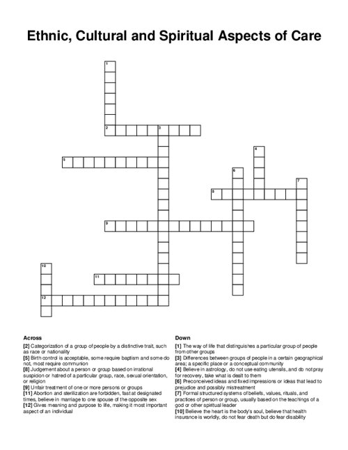 Ethnic, Cultural and Spiritual Aspects of Care Crossword Puzzle