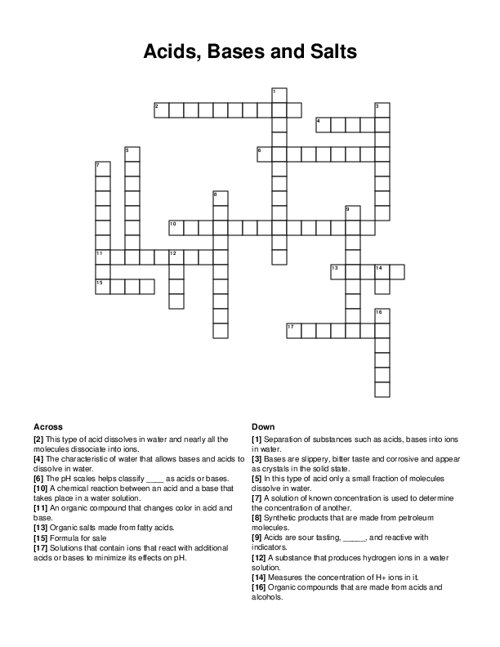 Acids Bases and Salts Crossword Puzzle
