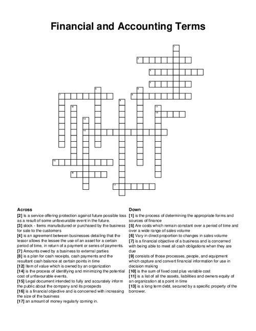Financial and Accounting Terms Crossword Puzzle