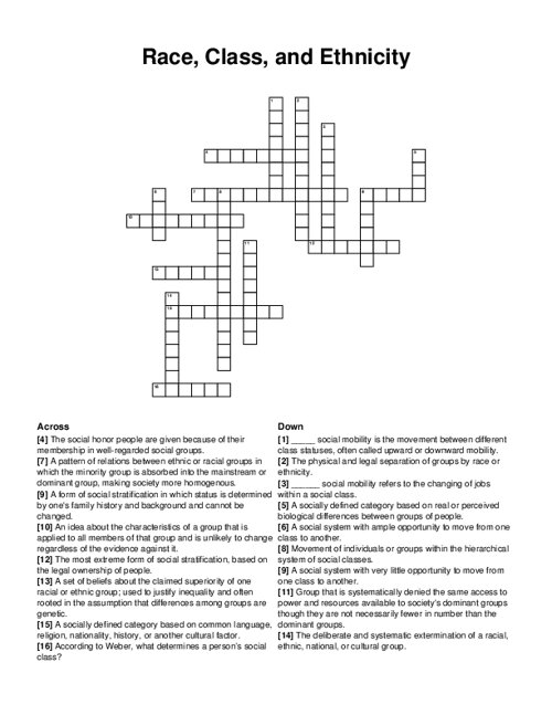 Race, Class, and Ethnicity Crossword Puzzle