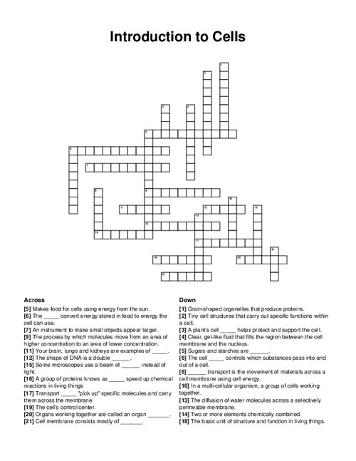 Introduction to Cells Crossword Puzzle