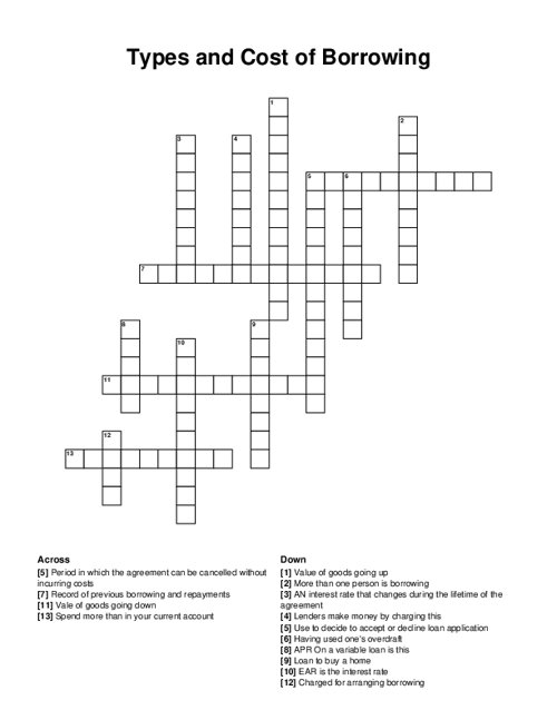 Types and Cost of Borrowing Crossword Puzzle