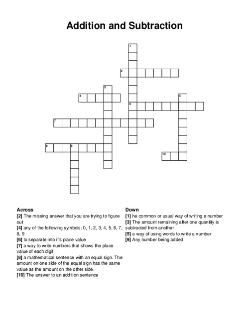 Addition and Subtraction Crossword Puzzle