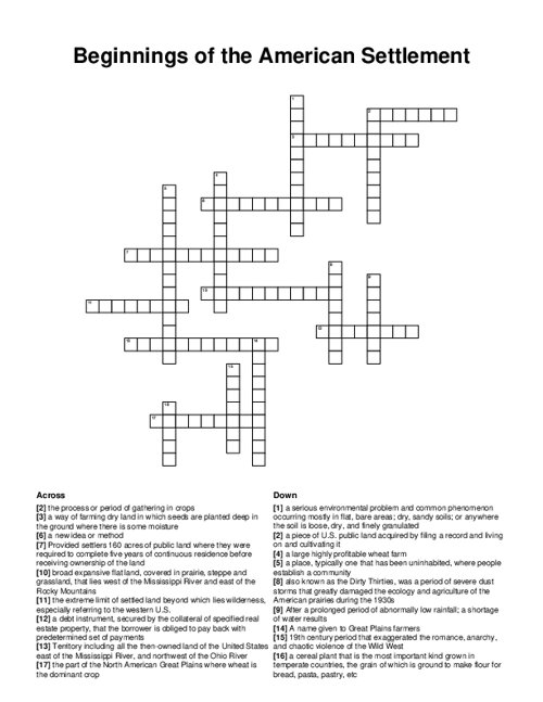 Beginnings of the American Settlement Crossword Puzzle