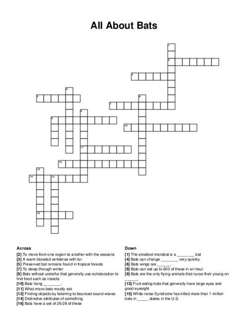 All About Bats Crossword Puzzle