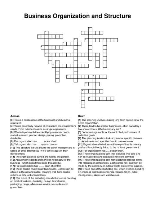 Business Organization and Structure Crossword Puzzle