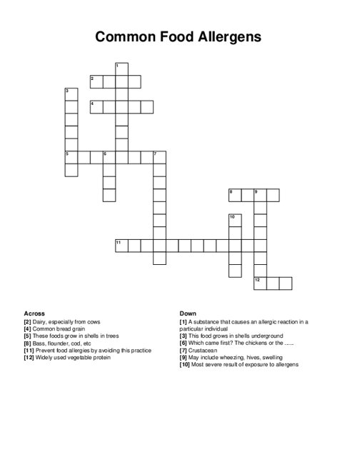Common Food Allergens Crossword Puzzle