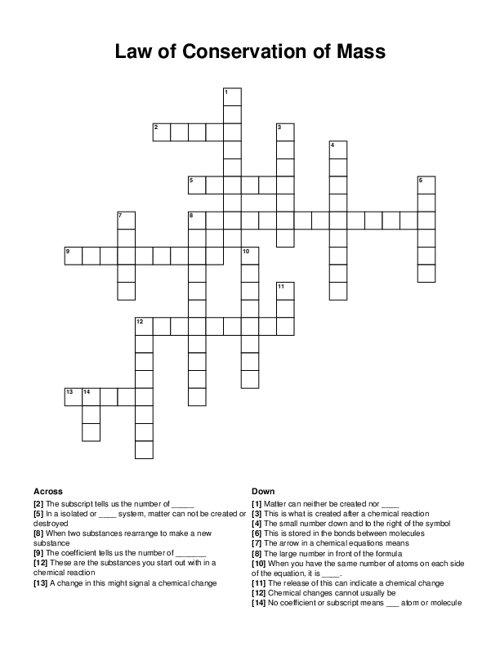 Law of Conservation of Mass Crossword Puzzle