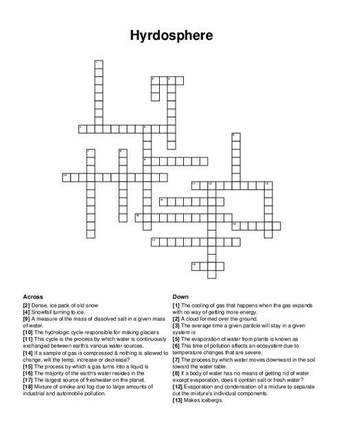Hyrdosphere Crossword Puzzle