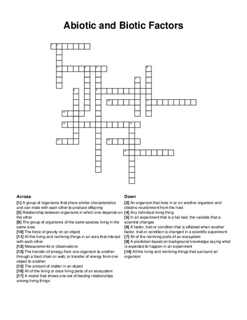 Abiotic and Biotic Factors Crossword Puzzle