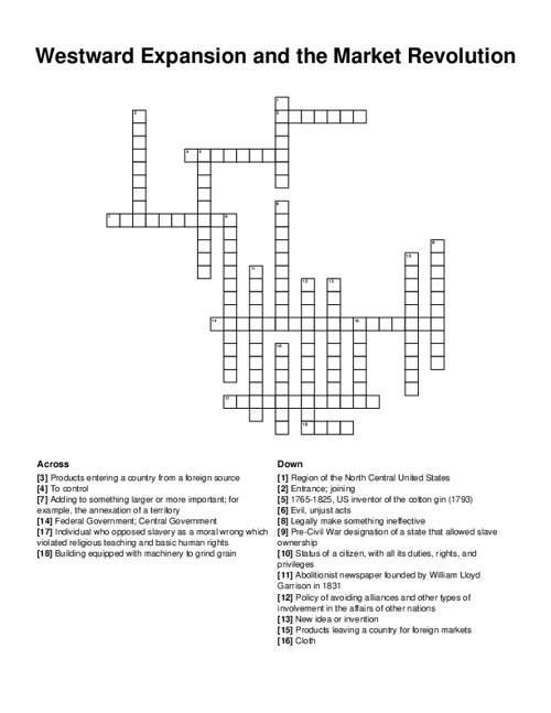 Westward Expansion and the Market Revolution Crossword Puzzle