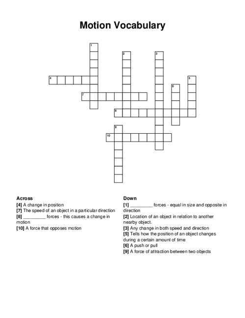 Motion Vocabulary Crossword Puzzle