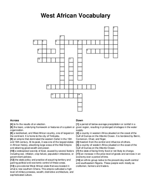 West African Vocabulary Crossword Puzzle