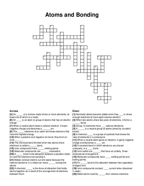 Atoms and Bonding Crossword Puzzle