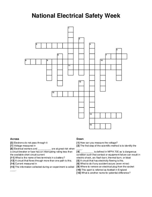 National Electrical Safety Week Crossword Puzzle