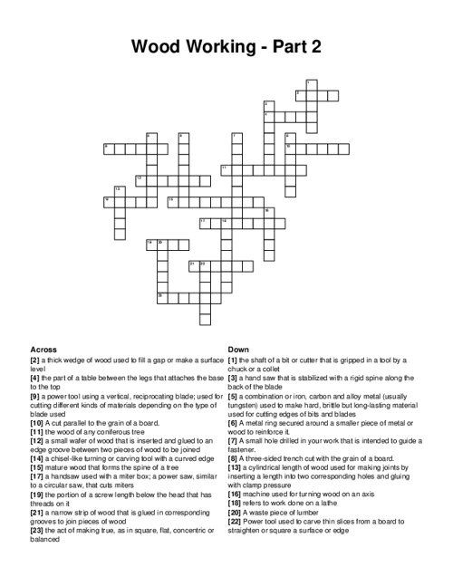 Wood Working Part 2 Crossword Puzzle