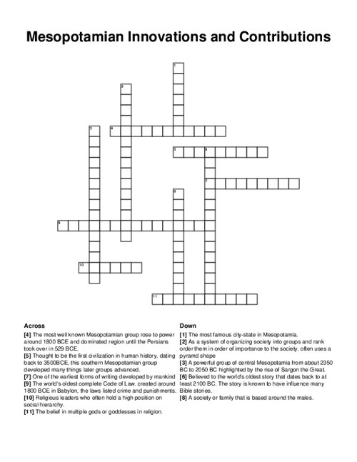 Mesopotamian Innovations and Contributions Crossword Puzzle