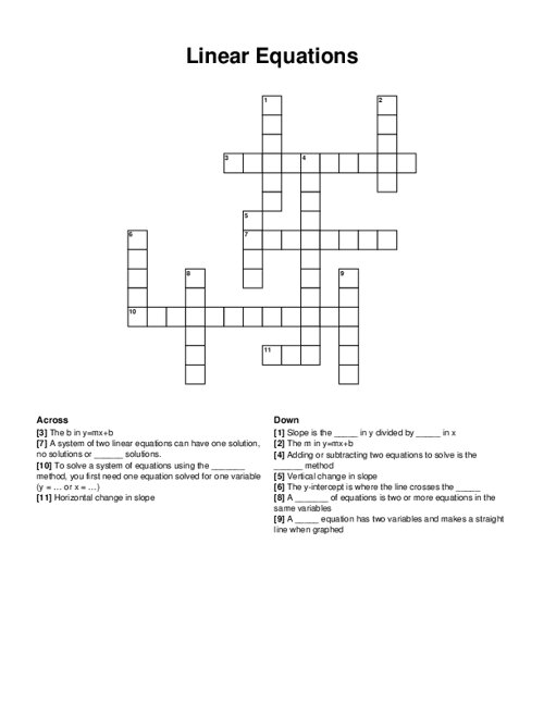 Linear Equations Crossword Puzzle