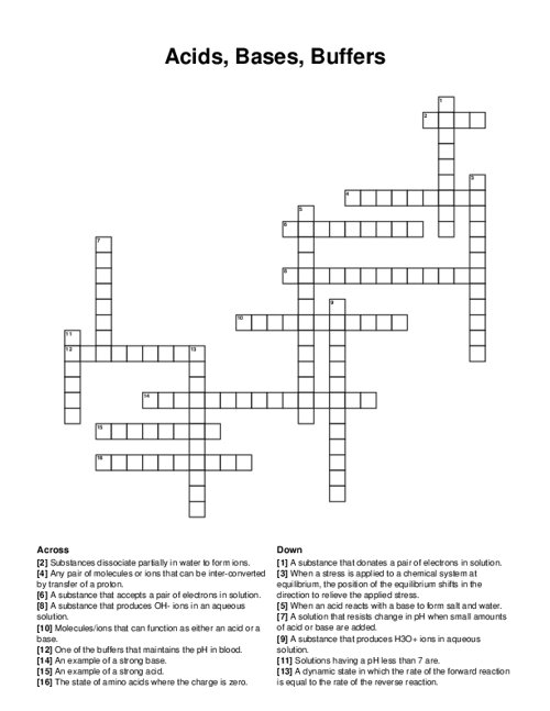 Acids, Bases, Buffers Crossword Puzzle