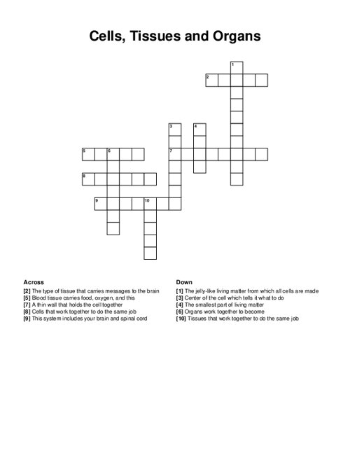 Cells, Tissues and Organs Crossword Puzzle