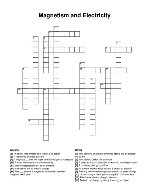 Magnetism and Electricity Crossword Puzzle