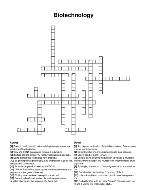 Biotechnology Crossword Puzzle