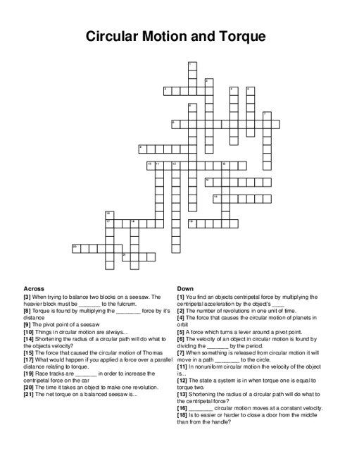 Circular Motion and Torque Crossword Puzzle