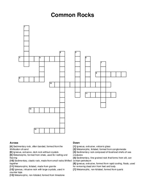 Common Rocks Crossword Puzzle
