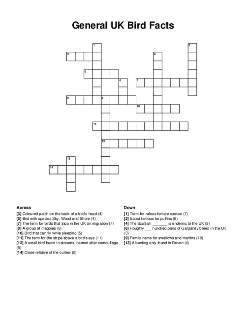 General UK Bird Facts Crossword Puzzle