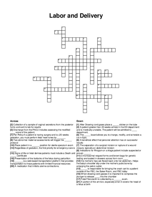 Labor and Delivery Crossword Puzzle