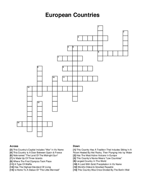 European Countries Crossword Puzzle