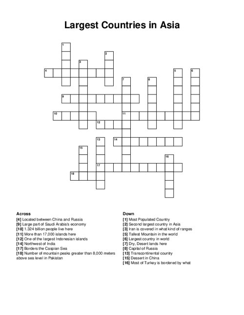 Largest Countries in Asia Crossword Puzzle