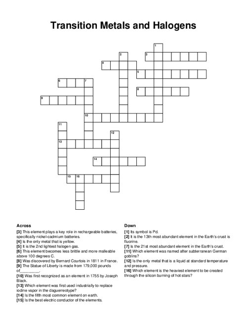 Transition Metals and Halogens Crossword Puzzle