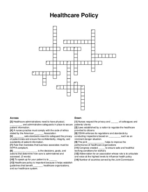Healthcare Policy Crossword Puzzle