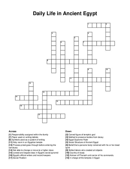 Daily Life in Ancient Egypt Crossword Puzzle