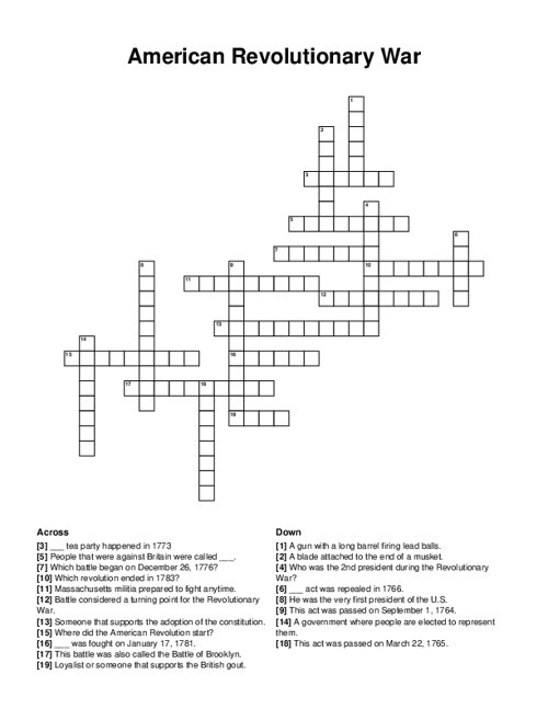 American Revolutionary War Crossword Puzzle