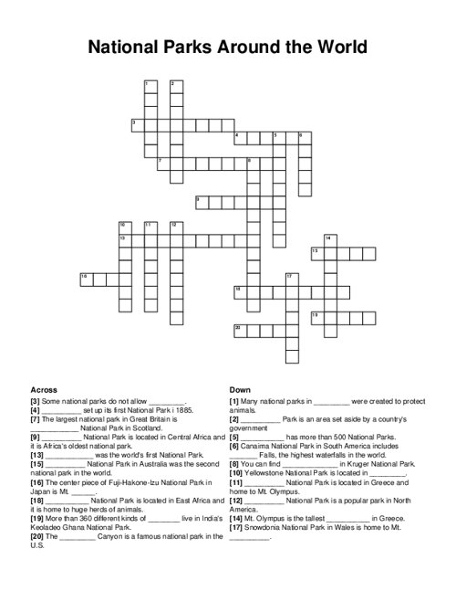 National Parks Around the World Crossword Puzzle