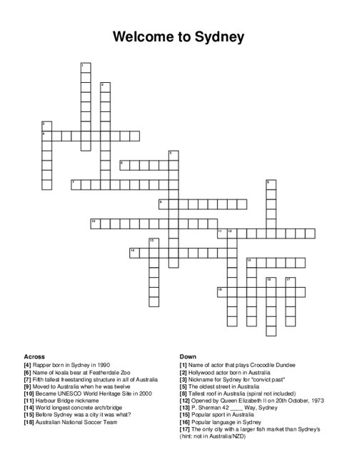 Welcome to Sydney Crossword Puzzle