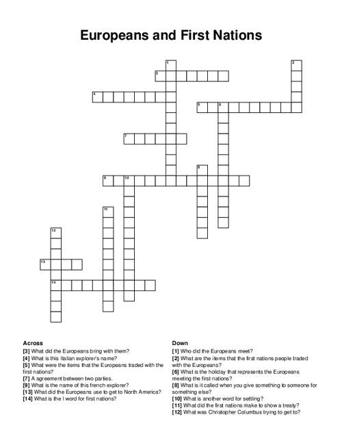 Europeans and First Nations Crossword Puzzle
